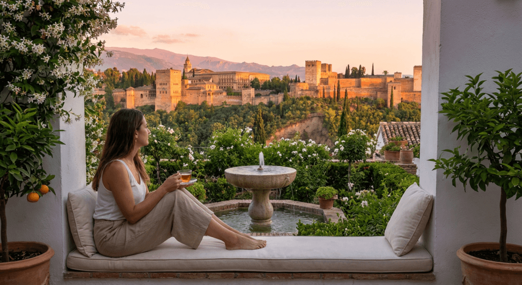 Vista serena de la Alhambra y el Albaicín al atardecer, representando la atmósfera de paz que define el bienestar en Granada.