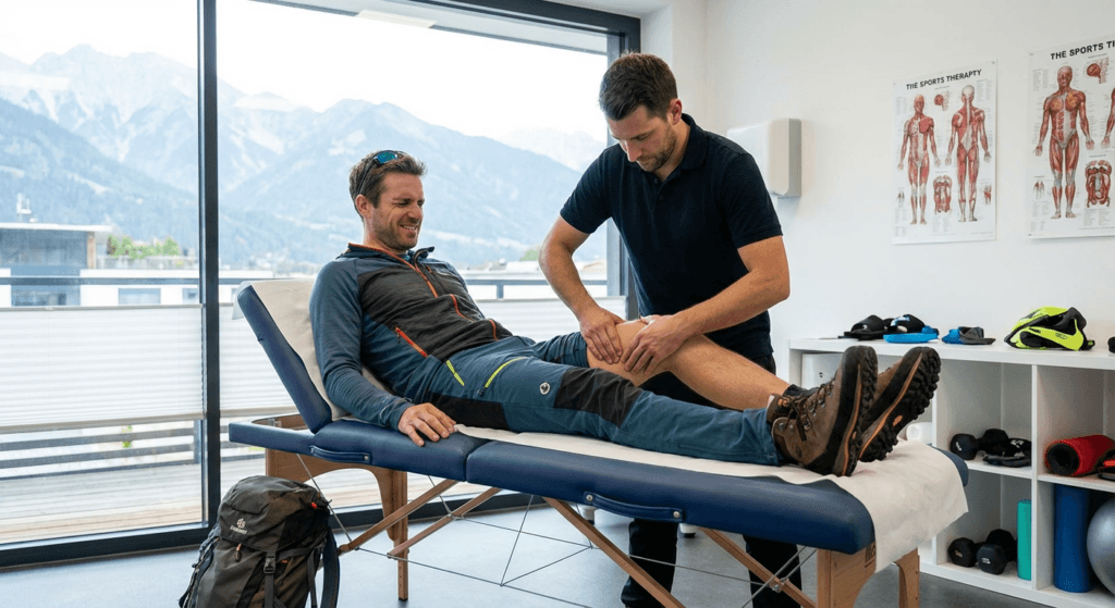 Masaje deportivo para senderistas en Granada: un terapeuta experto trabajando la musculatura de la pierna de un cliente para su recuperación.