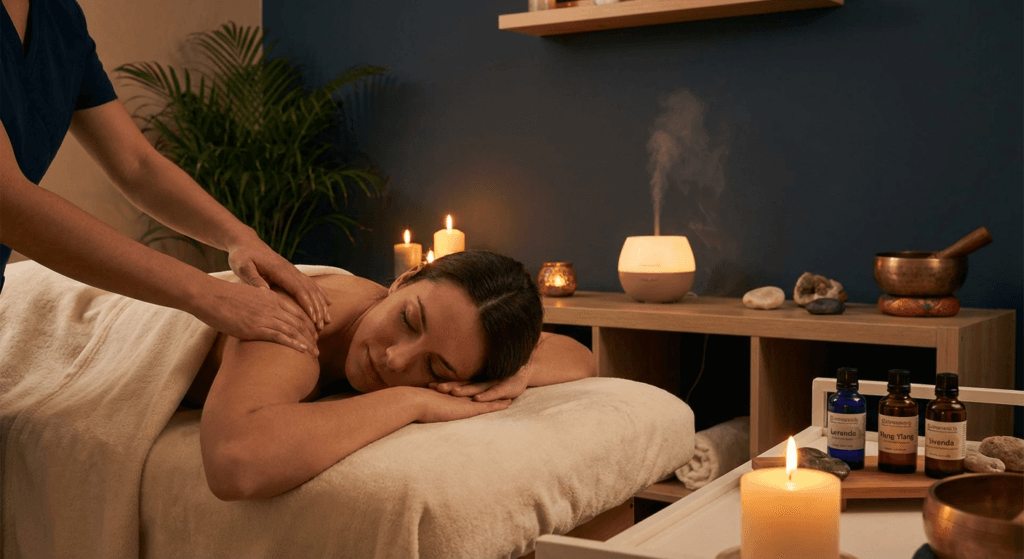 Ambiente sereno de spa preparado para uno de los rituales de bienestar de Quiroesencia, con velas encendidas, flores de loto y una iluminación cálida.