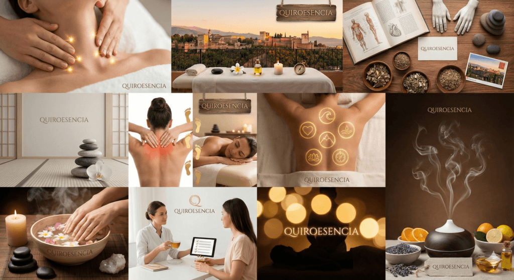 Terapeuta aplicando un masaje relajante en el centro de bienestar Quiroesencia en Granada. La imagen destaca cinco iconos dorados que representan los pilares de sus tratamientos: Ritual Holístico, Enfoque Personalizado, Conexión Profunda, Serenidad de Granada y Experiencia Armoniosa.